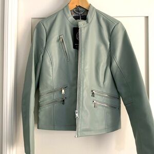 Pale dusty blue, Moto jacket lined with tags